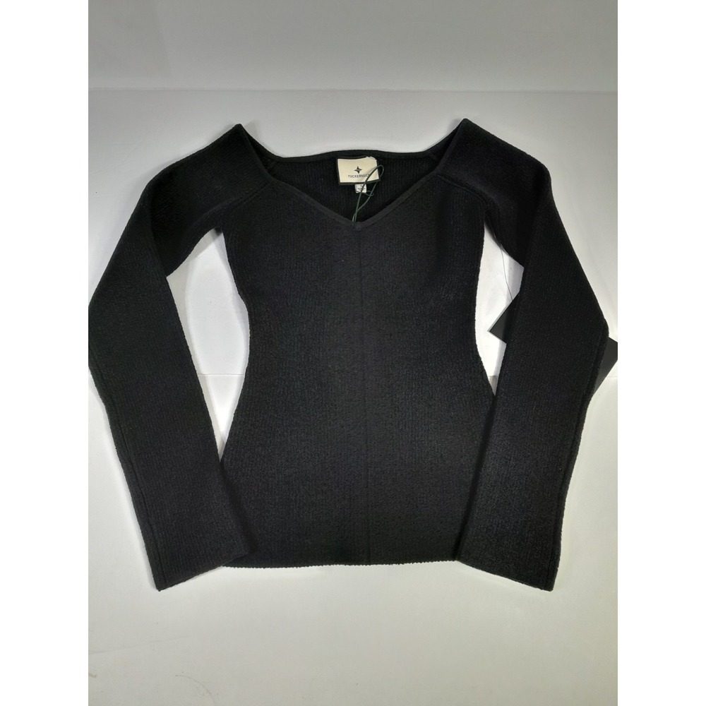 Tuckernuck  Black V Neck Ribbed Sweater Women Sz S Heavyweight Knit